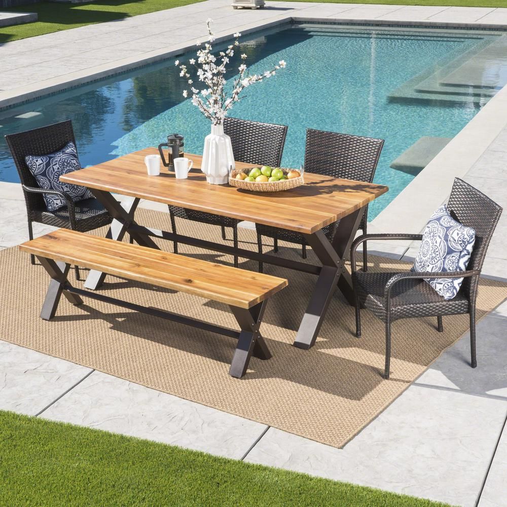 Noble House Teak Brown 6 Piece Wicker, Wood And Iron Rectangular With Teak Wicker Outdoor Dining Sets (View 7 of 15)