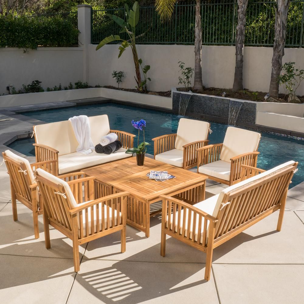 Noble House Thalia Brown 8 Piece Wood Patio Conversation Set With Cream Inside Indoor Outdoor Conversation Sets (View 3 of 15)