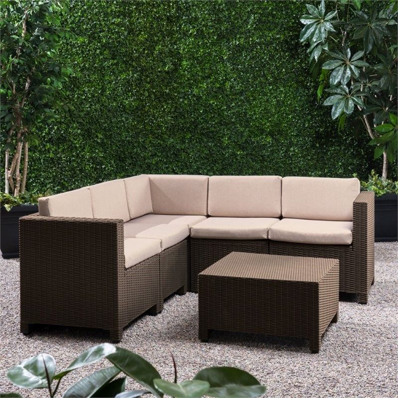 Noble House Waverly 6 Piece Outdoor Faux Wicker Sectional Sofa Set In In Outdoor Wicker Sectional Sofa Sets (View 3 of 15)