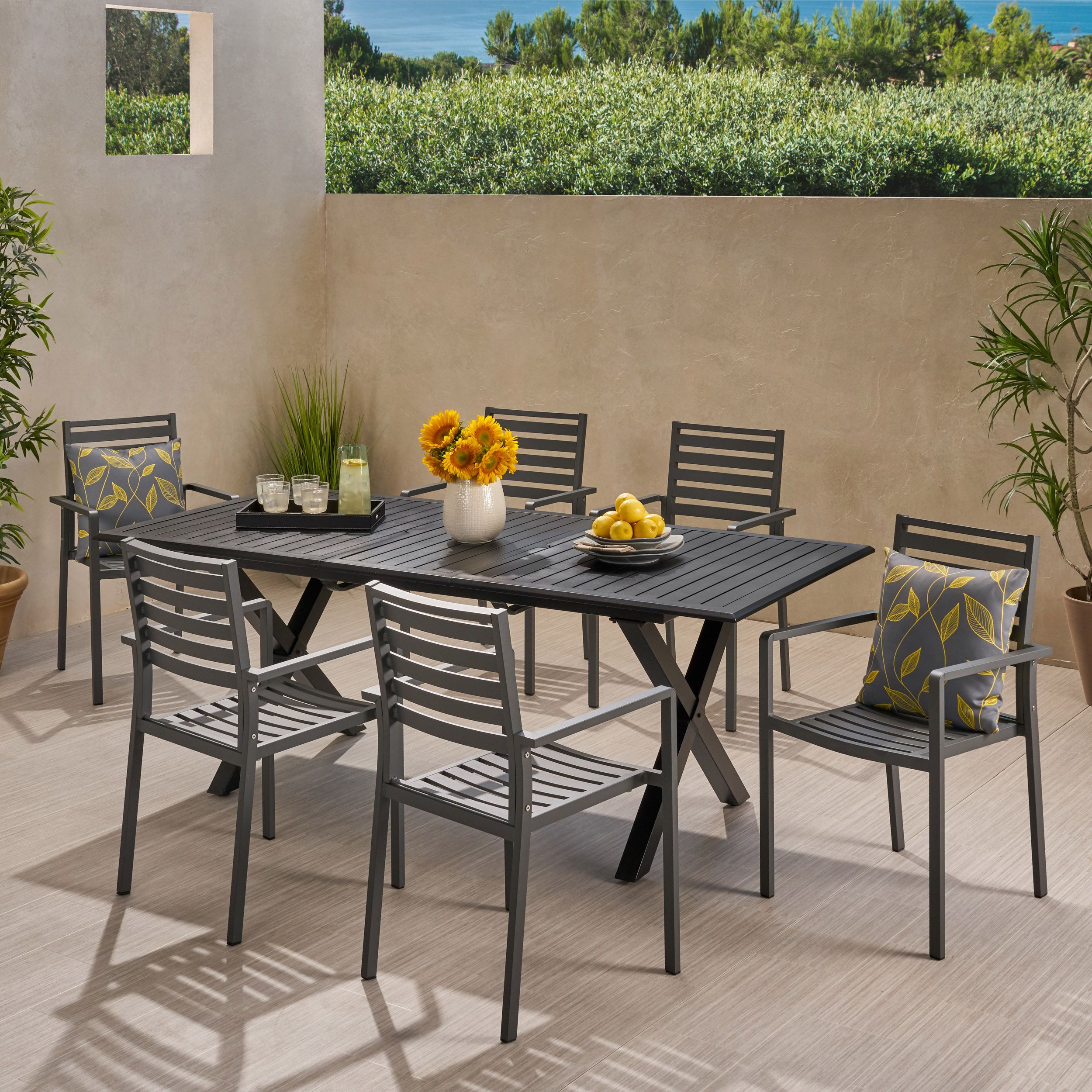 Noxx Outdoor Modern 6 Seater Aluminum Dining Set With Expandable Table Intended For Black Outdoor Modern Chairs Sets (View 5 of 15)