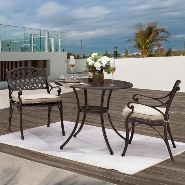Nuu Garden Antique Bronze 3 Piece Cast Aluminum Patio Conversation Set With Regard To 3 Piece Outdoor Table And Chair Sets (View 5 of 15)