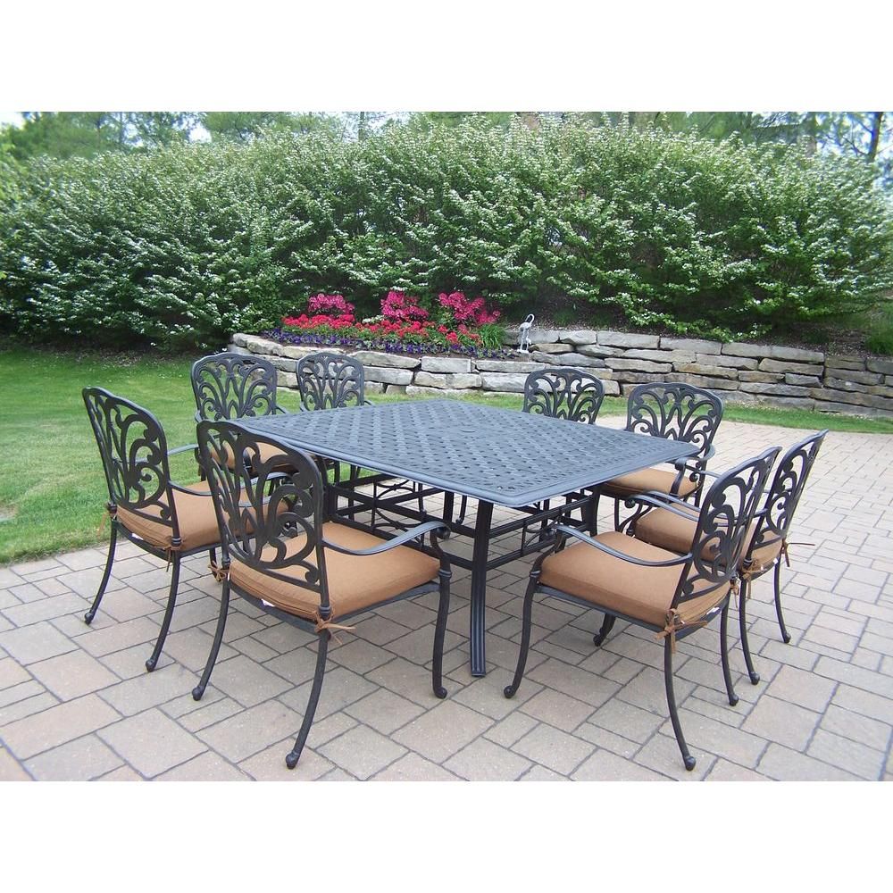 Oakland Living Cast Aluminum 9 Piece Square Patio Dining Set With Intended For 9 Piece Teak Outdoor Square Dining Sets (View 6 of 15)