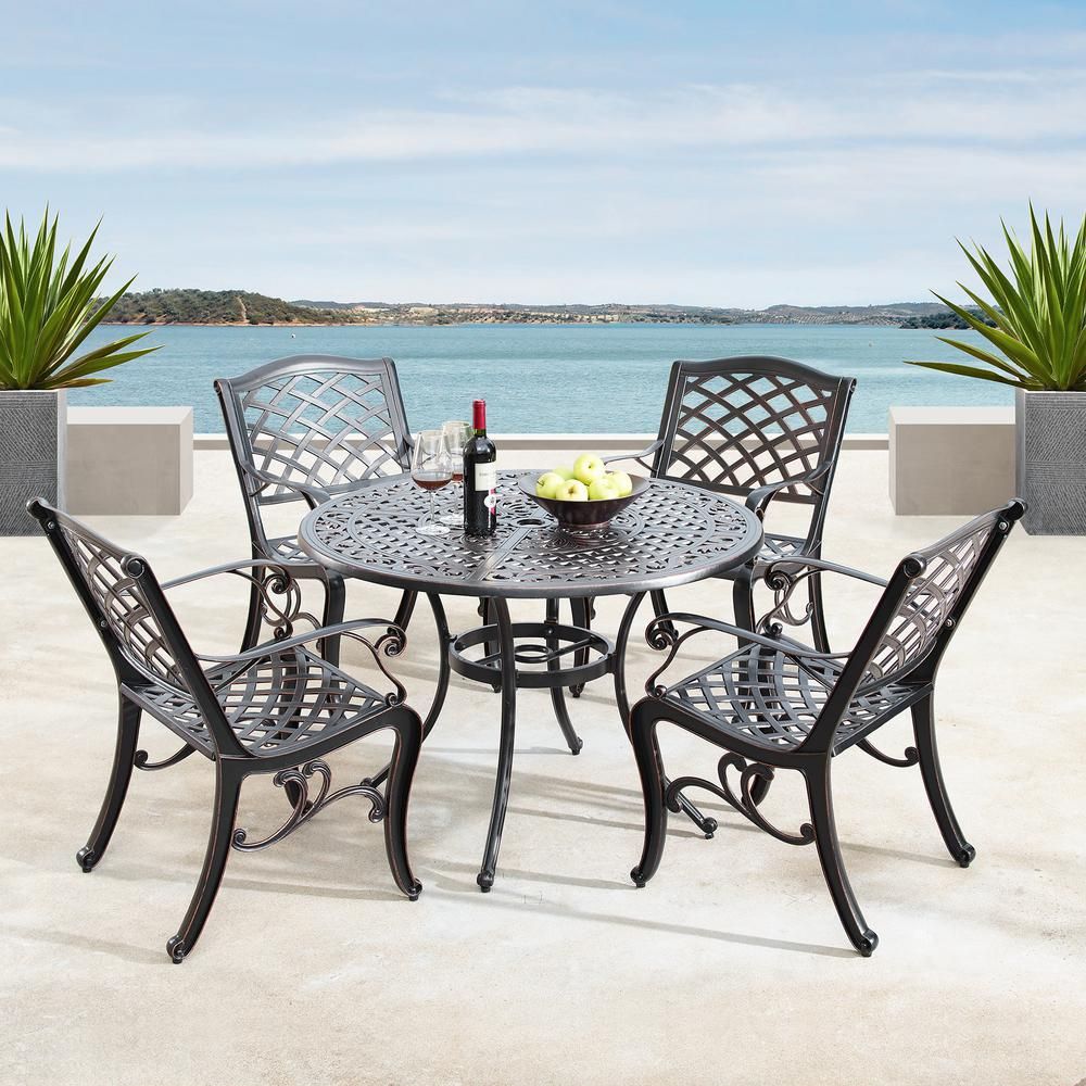 Oakland Living Luxurious Ornate Antique Copper 5 Piece Aluminium Round With Round 5 Piece Outdoor Dining Set (View 5 of 15)