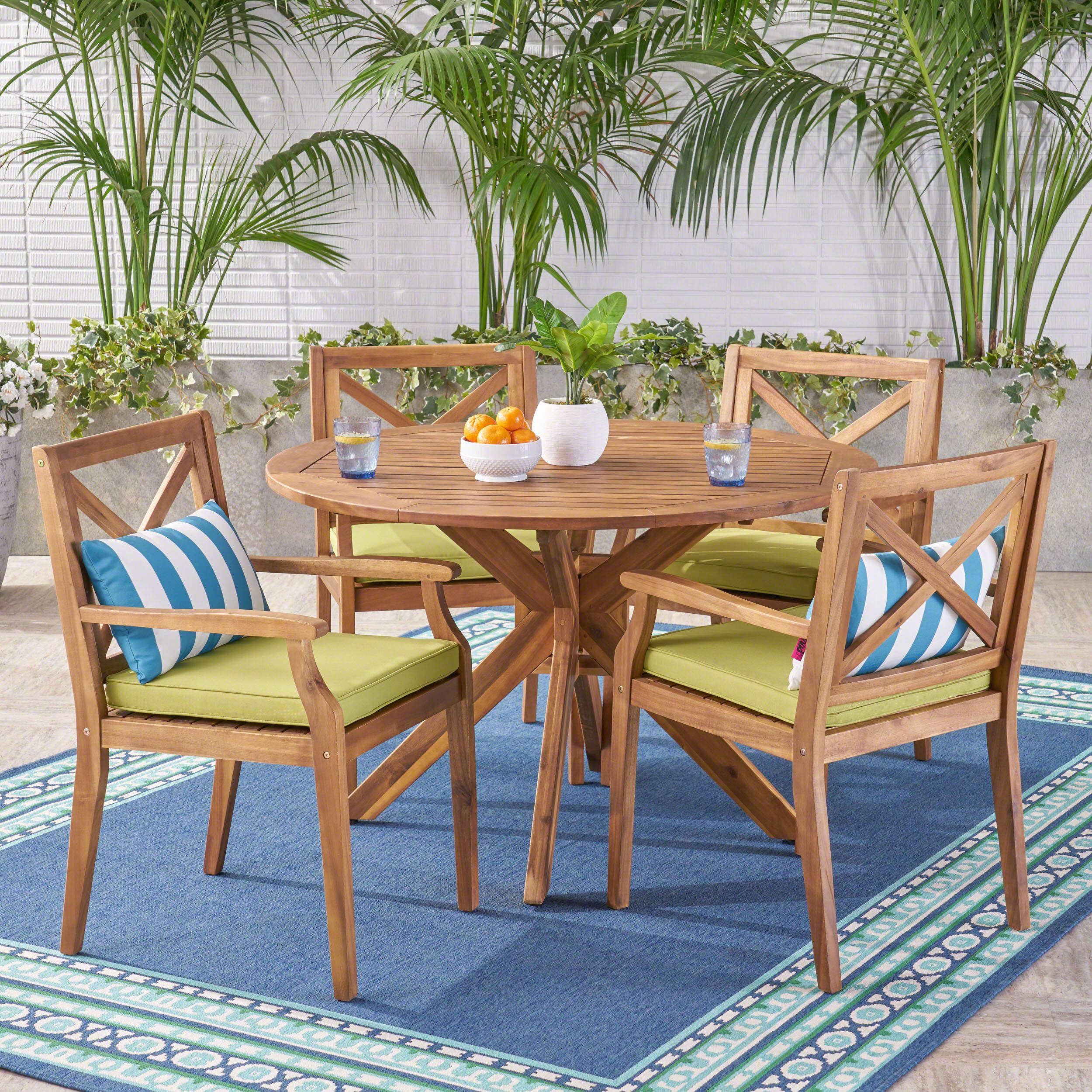 Oakley Outdoor 5 Piece Acacia Wood Round Dining Set With Cushions, Teak Intended For Acacia Wood Outdoor Seating Patio Sets (View 2 of 15)
