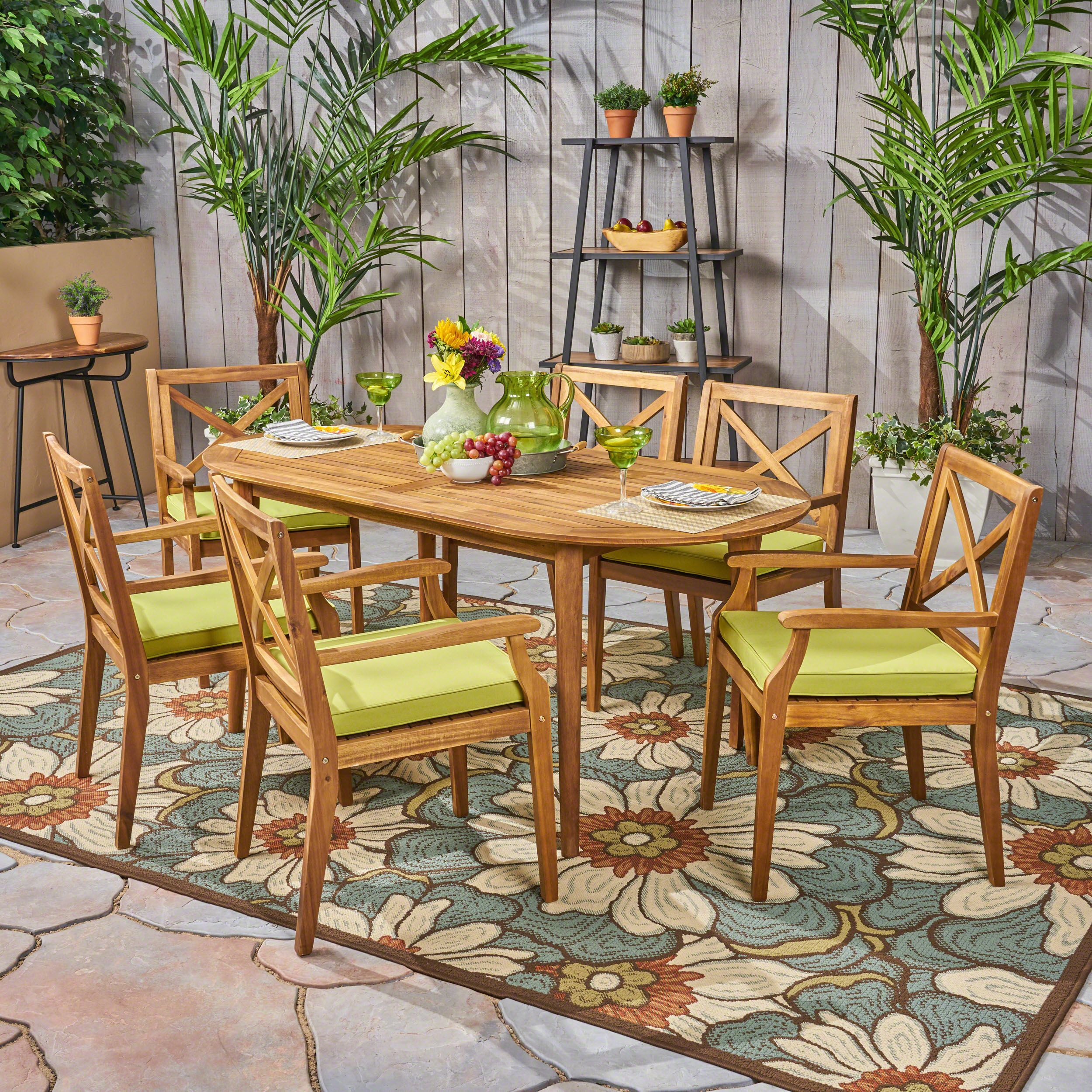 Oakley Outdoor 7 Piece Acacia Wood Dining Set With Cushions, Teak Regarding Acacia Wood Outdoor Seating Patio Sets (View 4 of 15)