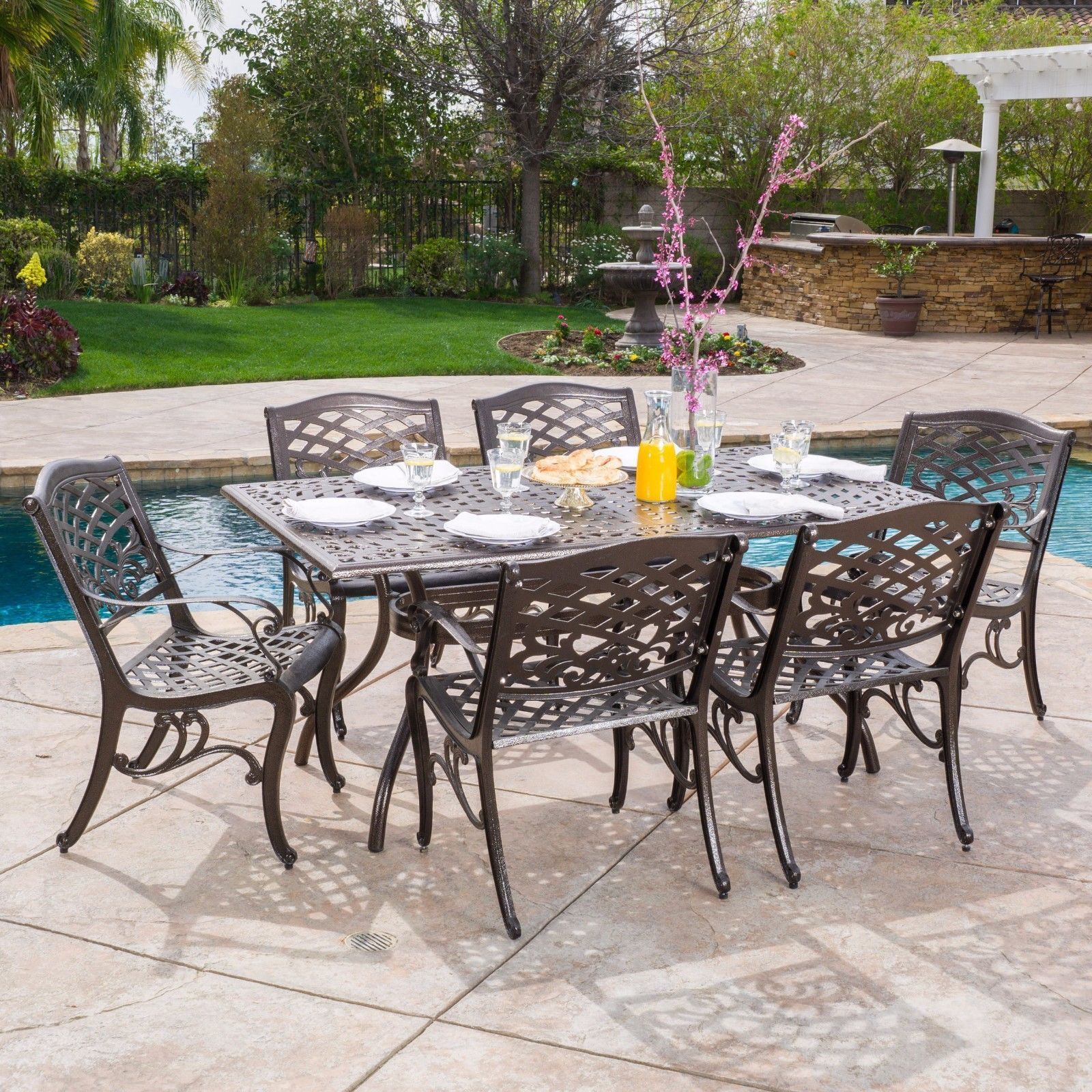 Odena Outdoor 7 Piece Cast Aluminum Rectangle Bronze Dining Set Within 7 Piece Rectangular Patio Dining Sets (View 3 of 15)
