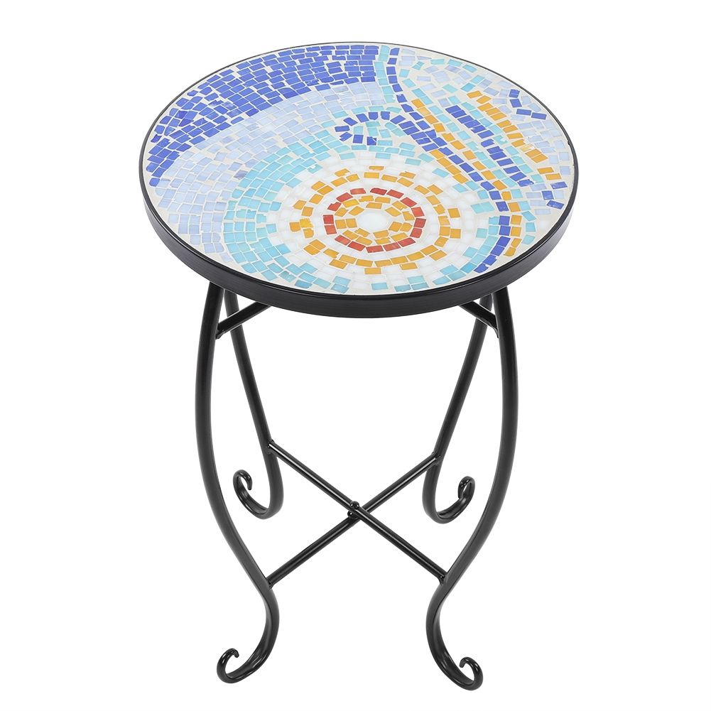 Otviap Mosaic Painted Glass Iron Art Plant Stand Round Side Accent In Blue Mosaic Black Iron Outdoor Accent Tables (View 2 of 15)