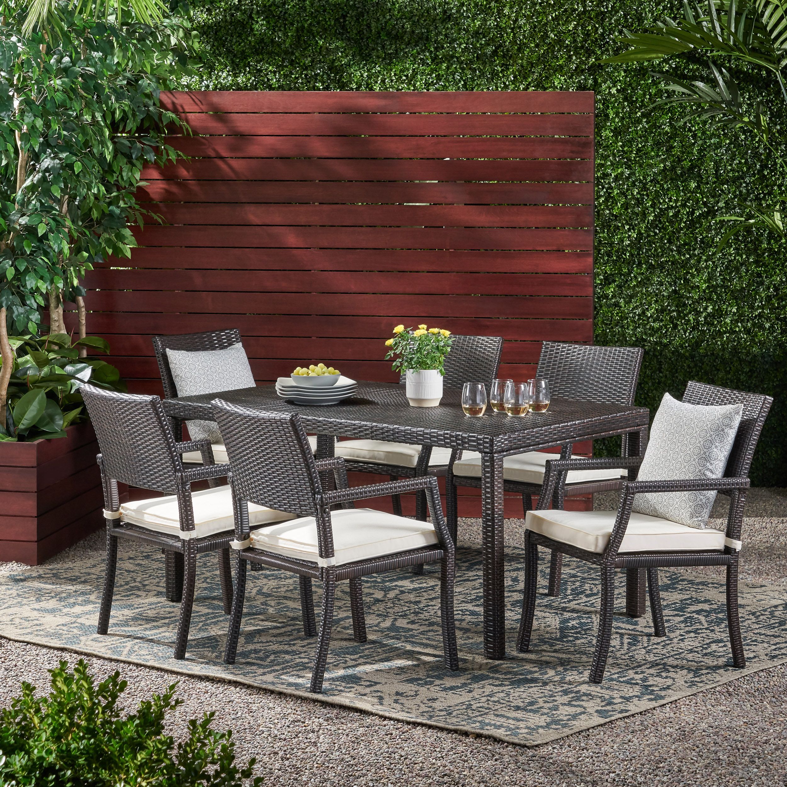 Outdoor 7 Piece Wicker Rectangular Dining Set,Multibrown,White With 7 Piece Rectangular Patio Dining Sets (View 1 of 15)