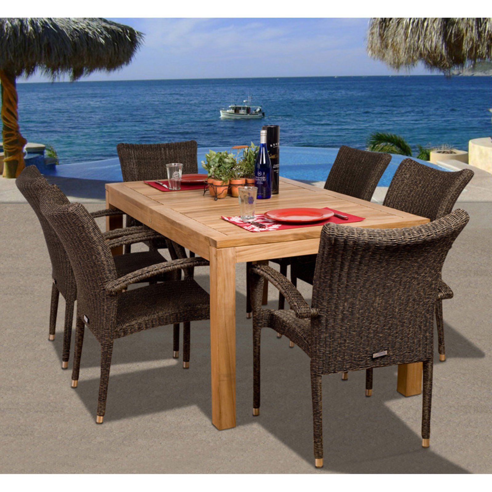 Outdoor Amazonia Brussels Teak Dining Set – Seats 6 | Wicker Dining Set Throughout Rectangular Teak And Eucalyptus Patio Dining Sets (View 3 of 15)