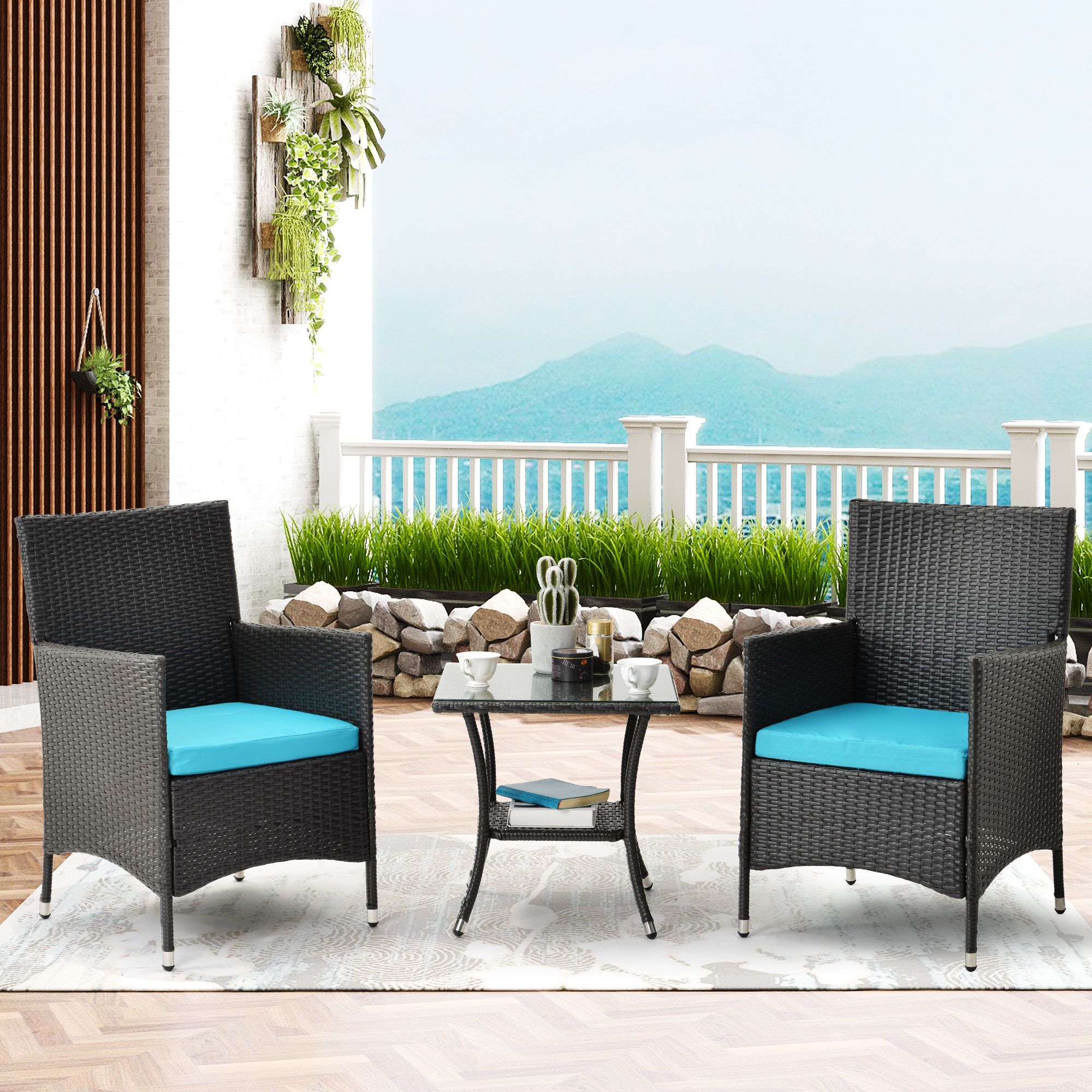 Outdoor Conversation Sets, 3 Piece Wicker Patio Set With Glass Dining With Regard To Outdoor Wicker Cafe Dining Sets (View 9 of 15)
