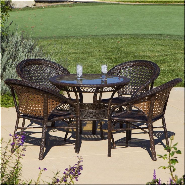 Outdoor Dining Set 5 Piece Round Table Chairs Resin Wicker Brown Inside Wicker 5 Piece Round Patio Dining Sets (View 8 of 15)