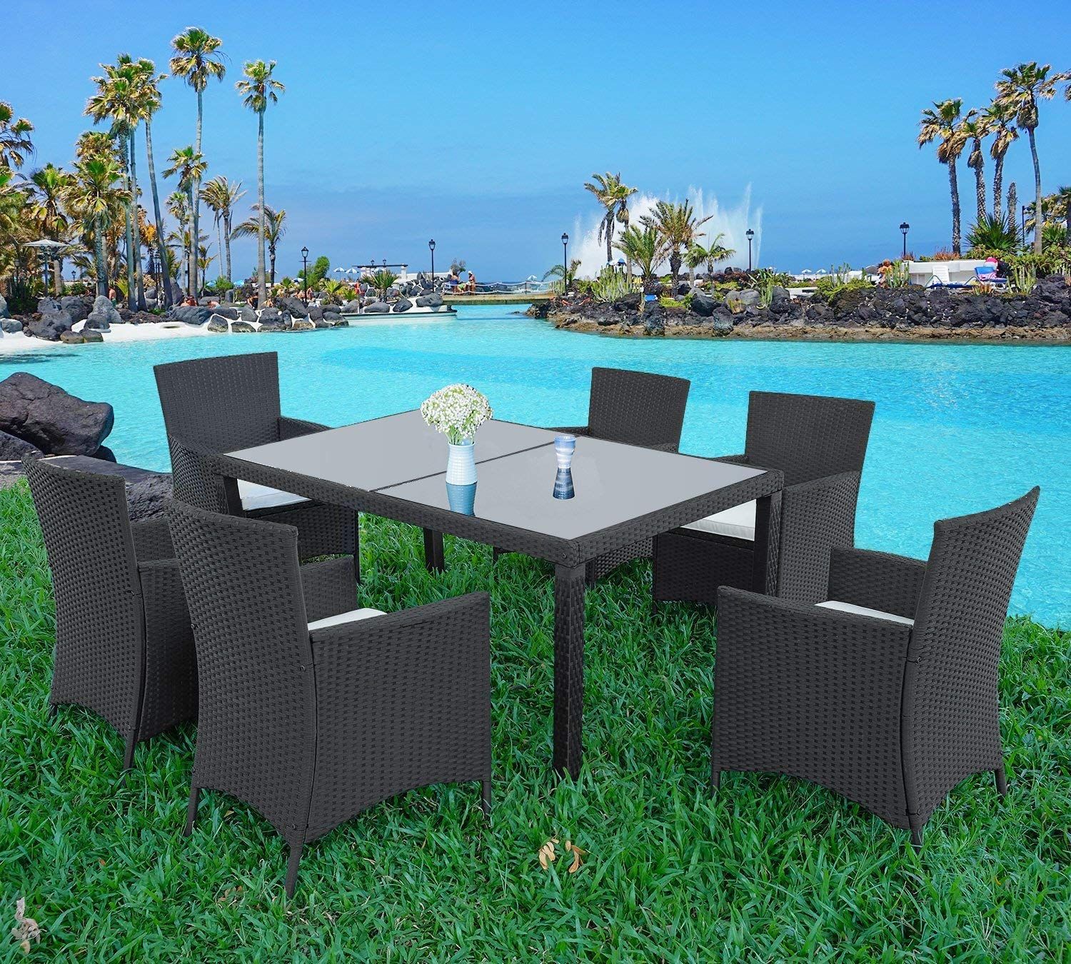 Outdoor Dining Set, 7 Piece Wicker Furniture Conversation Set, 6 Rattan Within 7 Piece Small Patio Dining Sets (View 10 of 15)