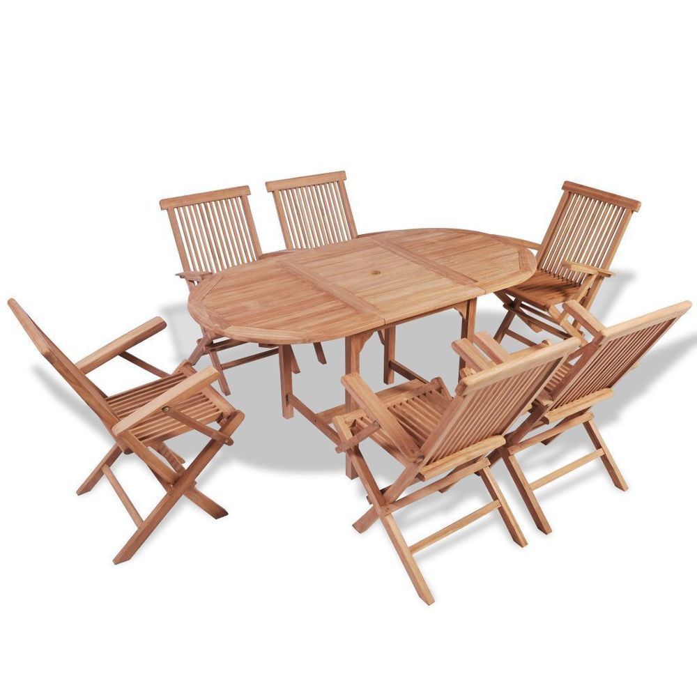 Outdoor Dining Set 7 Pieces Teak Wood Oval Extendable Table Garden Intended For 7 Pieces Teak Outdoor Dining Sets (View 7 of 15)