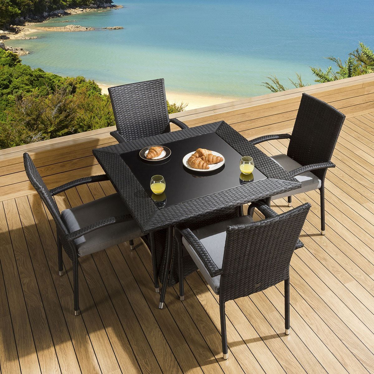 Outdoor Dining Set Square Table 4 Armed Black Chairs Grey Cushions Intended For Black And Gray Outdoor Table And Chair Sets (View 2 of 15)