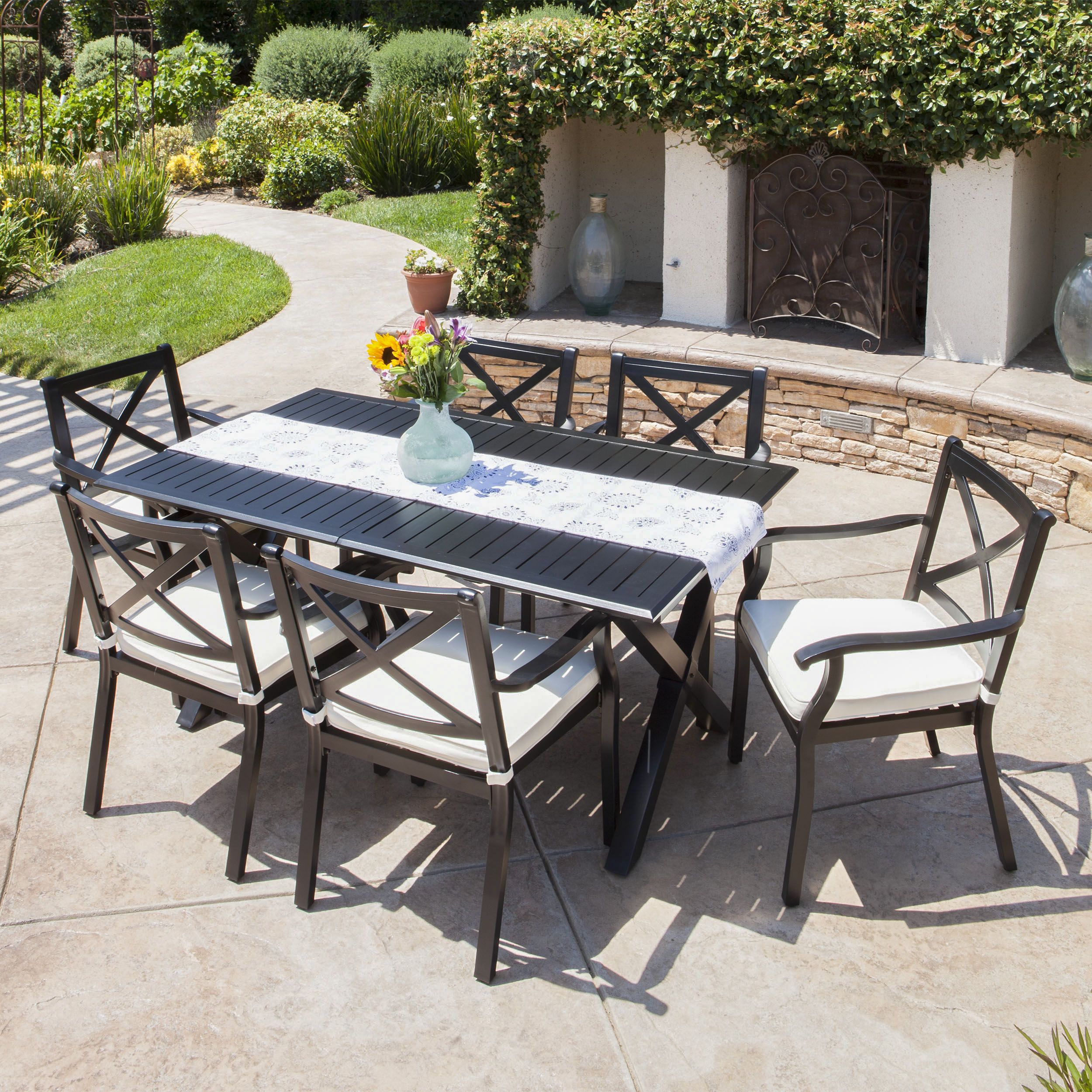 Outdoor Expandable 7 Piece Cast Aluminum Dining Set With Cushions,Ivory For 7 Piece Patio Dining Sets With Cushions (View 7 of 15)