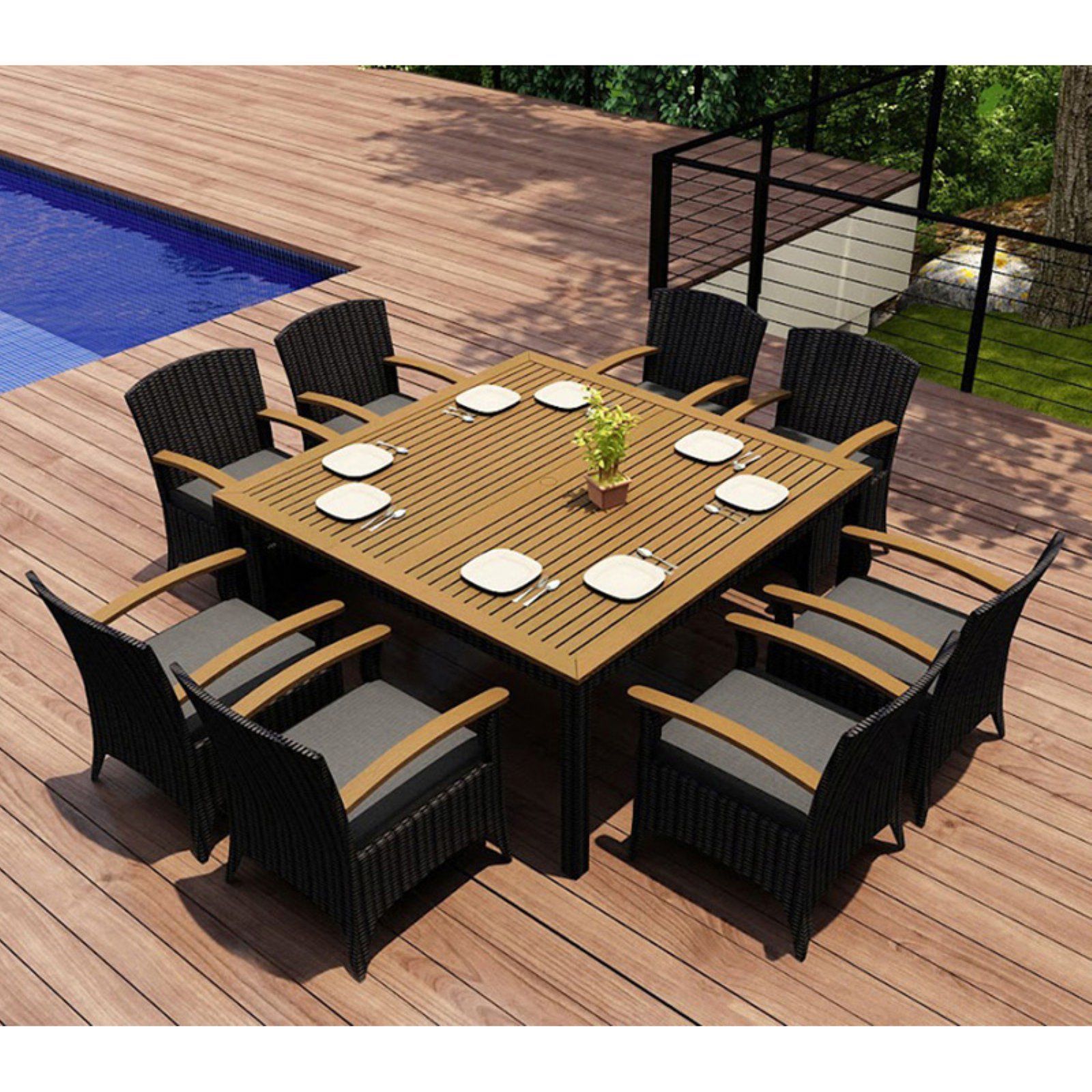 Outdoor Harmonia Living Arbor 9 Piece Square Dining Set With Arm Chair For Wicker Square 9 Piece Patio Dining Sets (View 1 of 15)