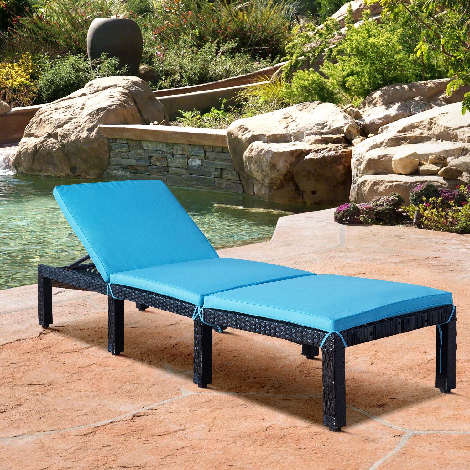 Outdoor Patio Chaise Lounge, 7 Adjustable Positions Pe Rattan Lounge Within Adjustable Outdoor Lounger Chairs (View 6 of 15)
