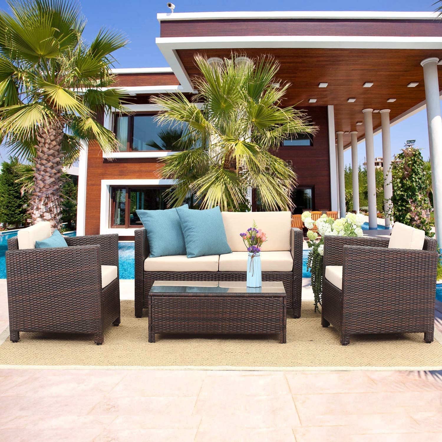 Outdoor Patio Furniture Set, 5 Piece Conversation Set Wicker Sectional Throughout Wicker Beige Cushion Outdoor Patio Sets (View 5 of 15)