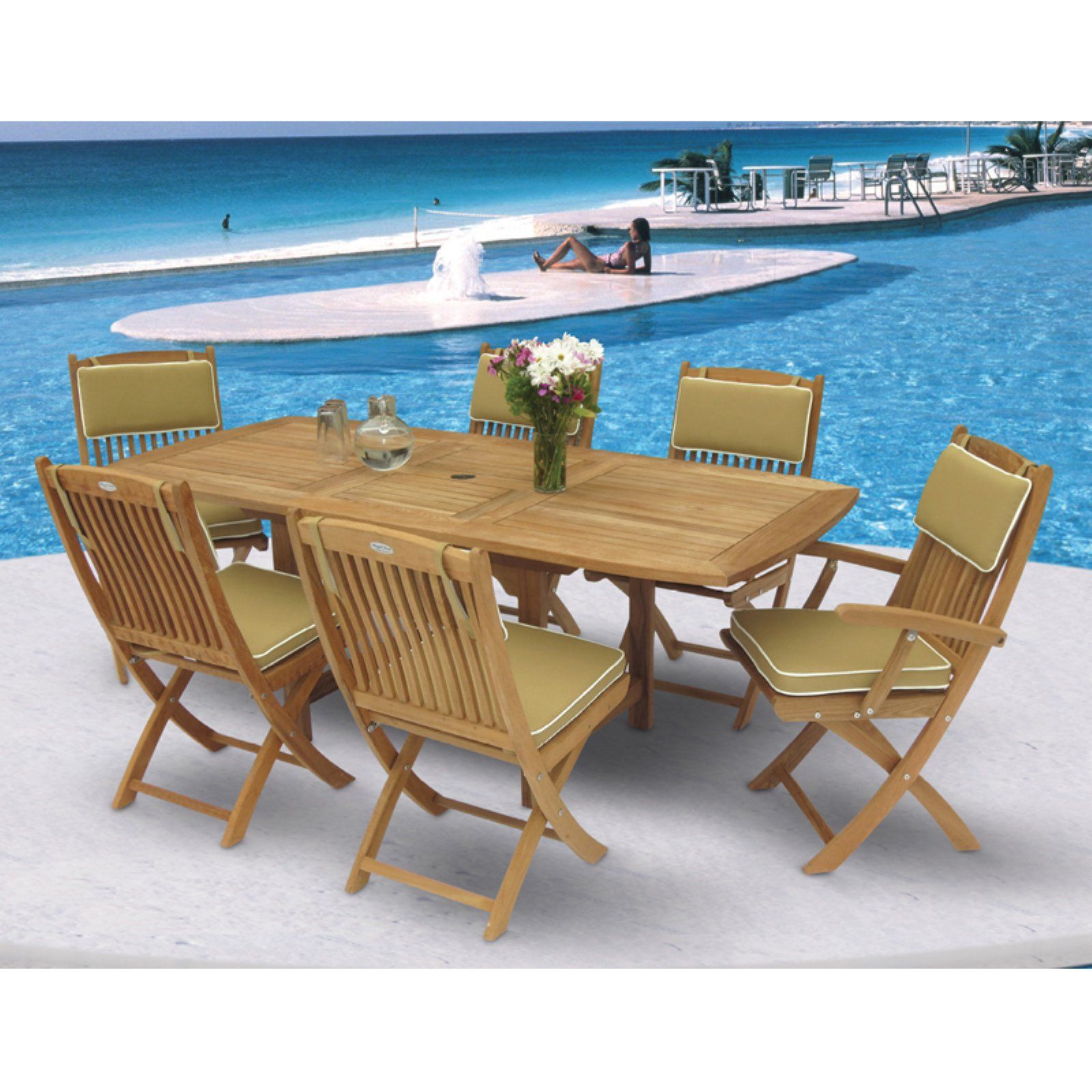 Outdoor Royal Teak Wood 7 Piece Rectangular Extension Patio Dining Set Within 7 Piece Large Patio Dining Sets (View 8 of 15)