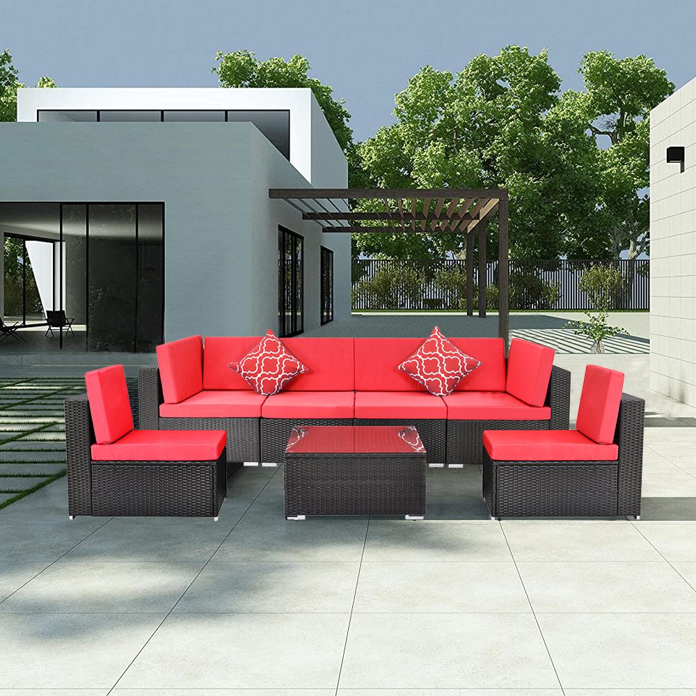 Outdoor Sectional Sofa Set, Outdoor Patio 7 Pc Wicker Sectional Sofa In Black Cushion Patio Conversation Sets (View 7 of 15)