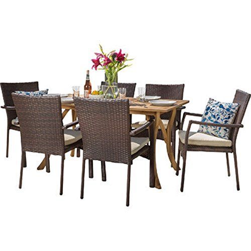 Outdoor Space Makeover Rincon 7 Piece Patio Outdoor Yard Dining Set Throughout Beige Wicker And Green Fabric Patio Bistro Sets (View 11 of 15)