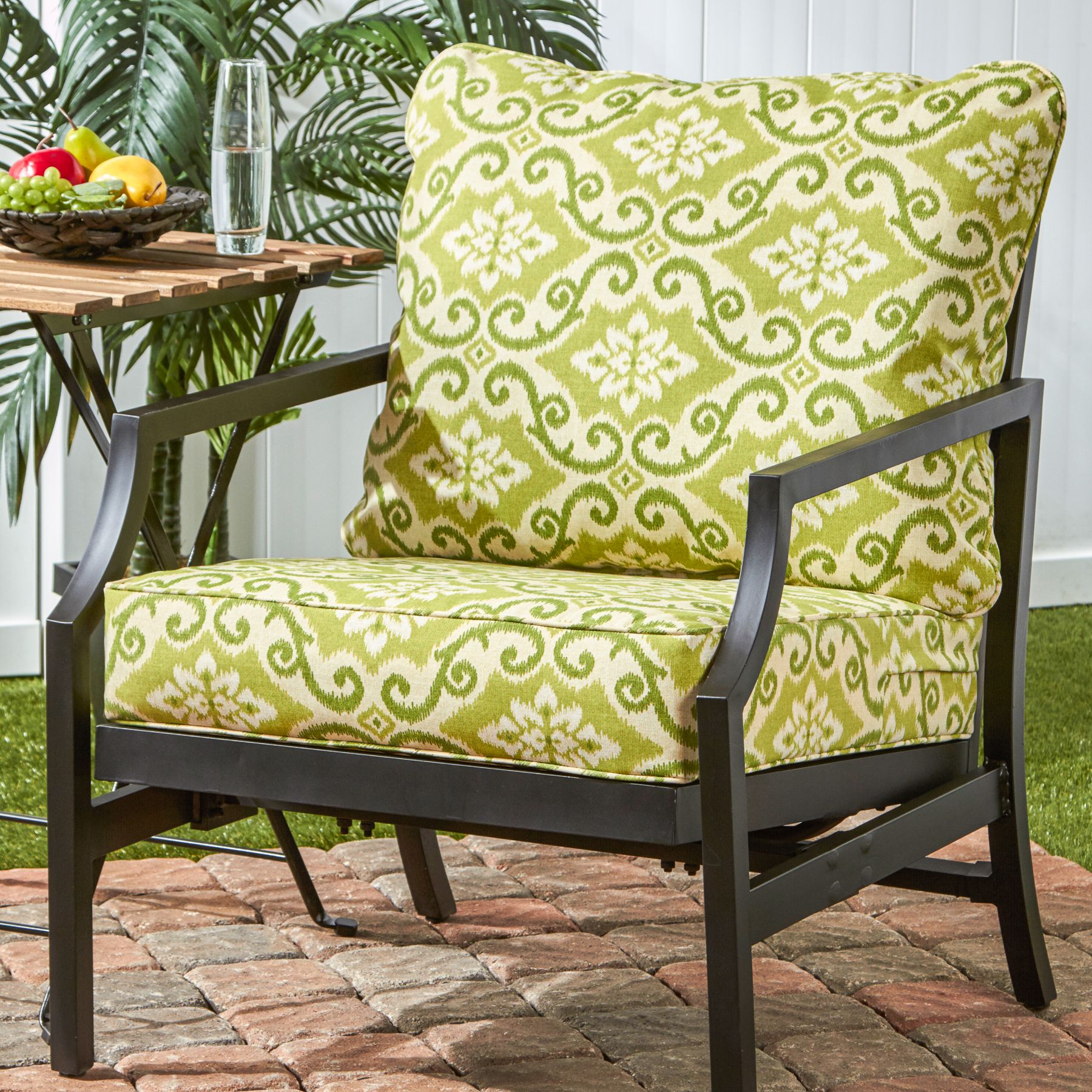 Outdoor Sunbrella Deep Seat Chair Cushion Set Green Ikat Patio Garden Intended For Green Outdoor Seating Patio Sets (View 2 of 15)