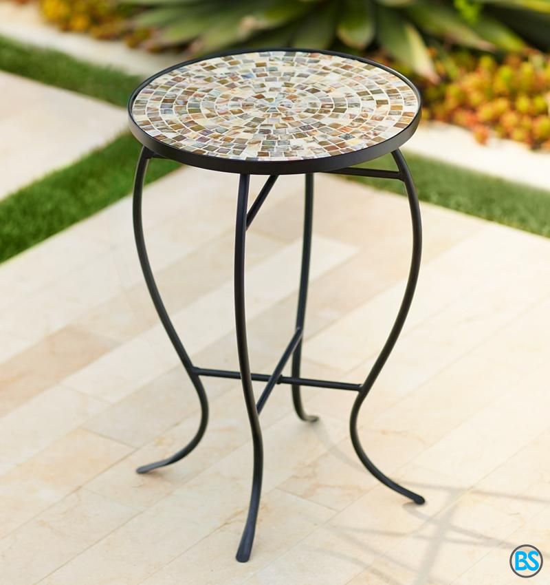 Outdoor Tables | Mother Of Pearl Mosaic Black Iron Outdoor Accent Table With Regard To Mosaic Outdoor Accent Tables (View 2 of 15)