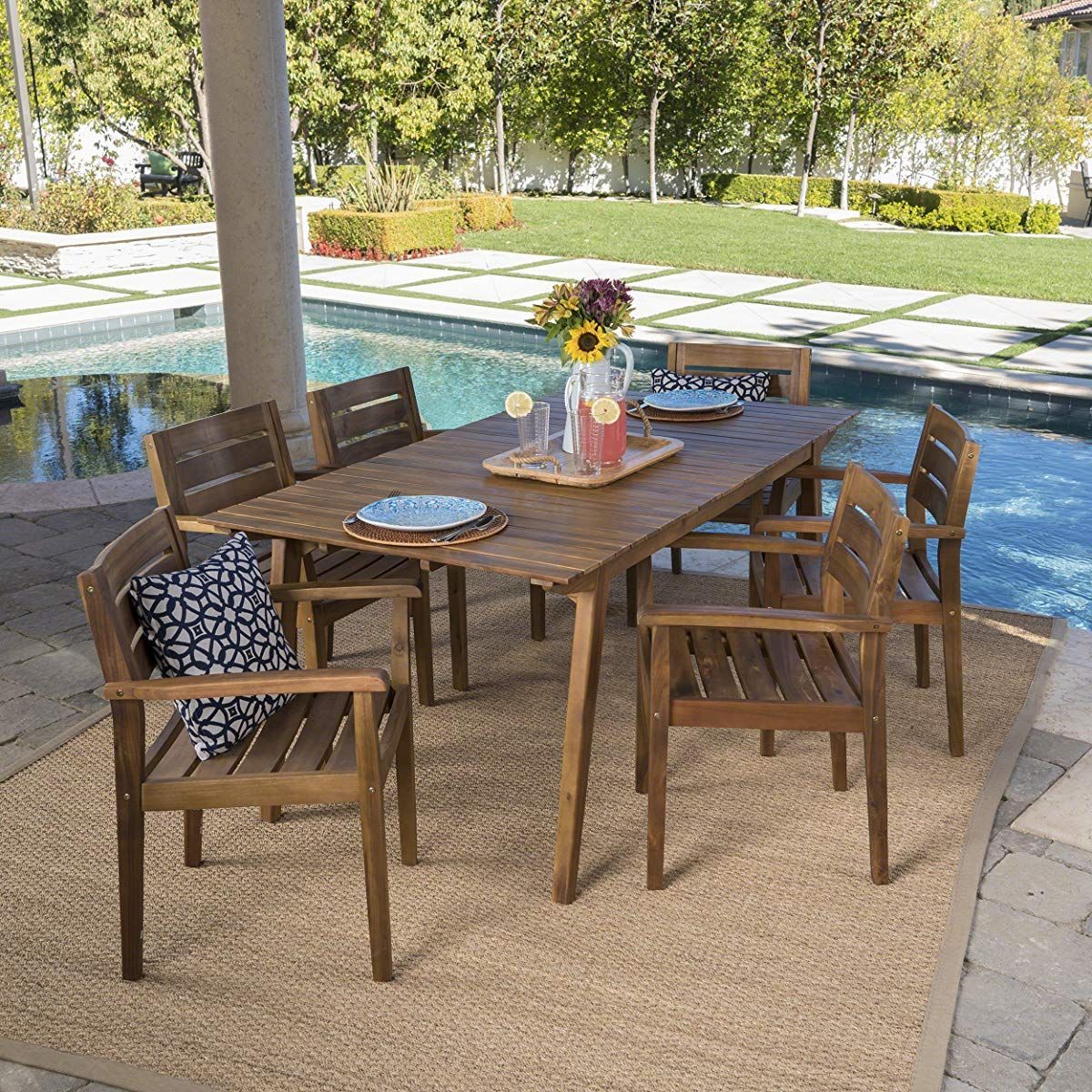 Outdoor Teak Finished Acacia Wood Dining Set | Patio Dining Set, Teak Regarding Teak Outdoor Square Dining Sets (View 3 of 15)