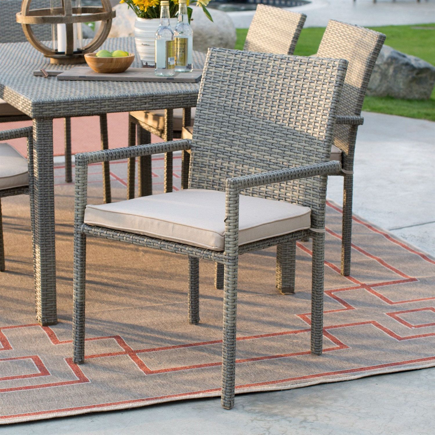 Outdoor Weather Resistant Resin Wicker Patio Dining Chair Arm Chair In Pertaining To Natural All Weather Outdoor Seating Patio Sets (View 6 of 15)