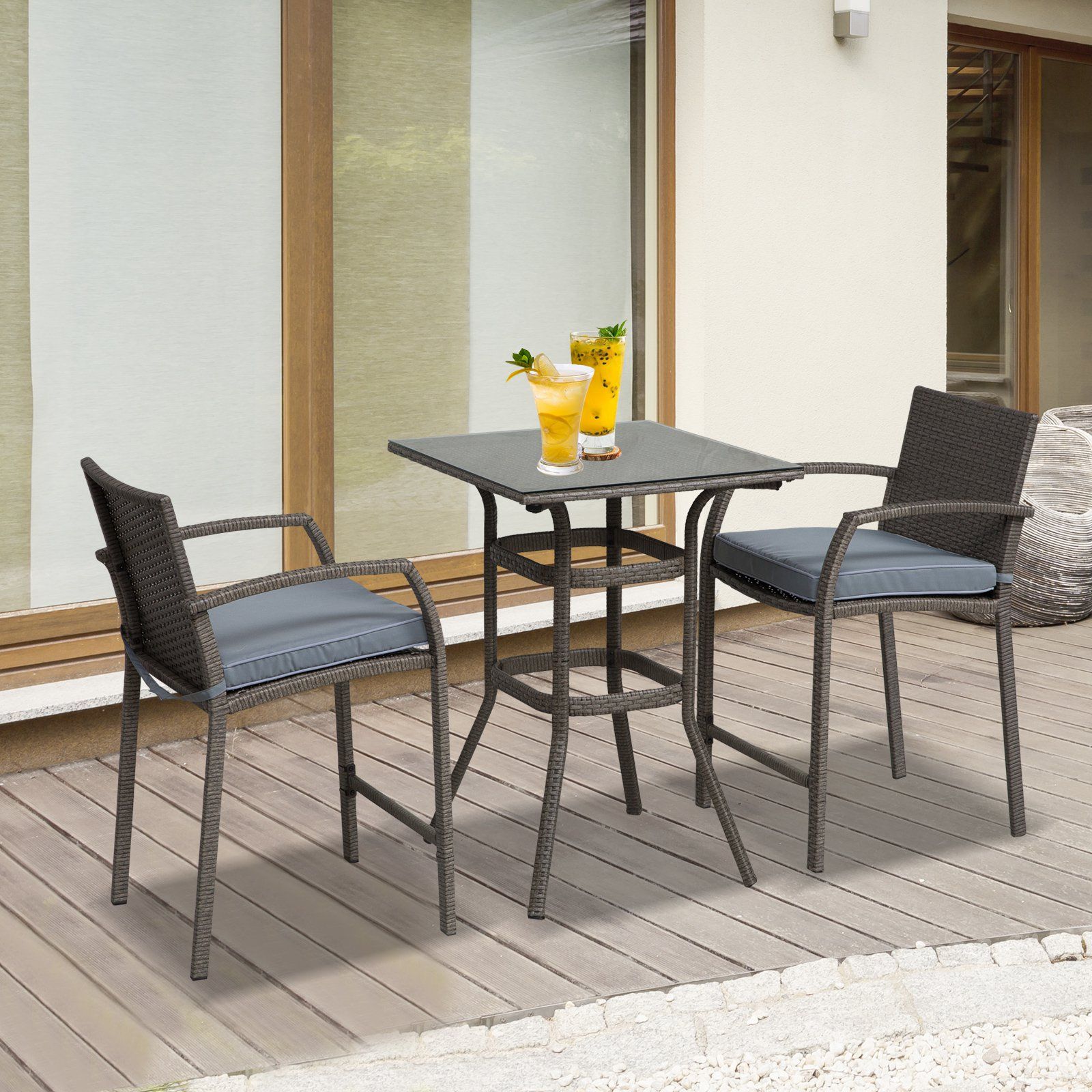 Outsunny 3 Piece Outdoor Pe Rattan Wicker Bar Table Stool Bistro Set Throughout Outdoor Wicker Cafe Dining Sets (View 12 of 15)