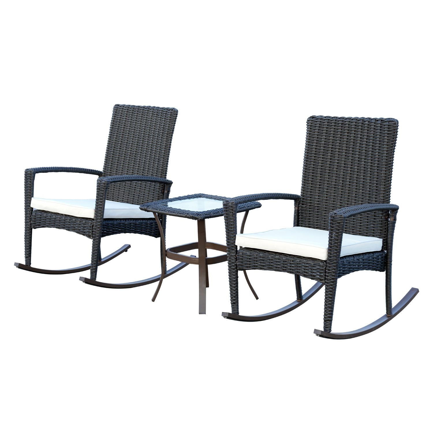 Outsunny 3Pcs Rattan Rocking Chair Table Set Patio Bistro Set Dark Grey Inside Outdoor Rocking Chair Sets With Coffee Table (View 2 of 15)