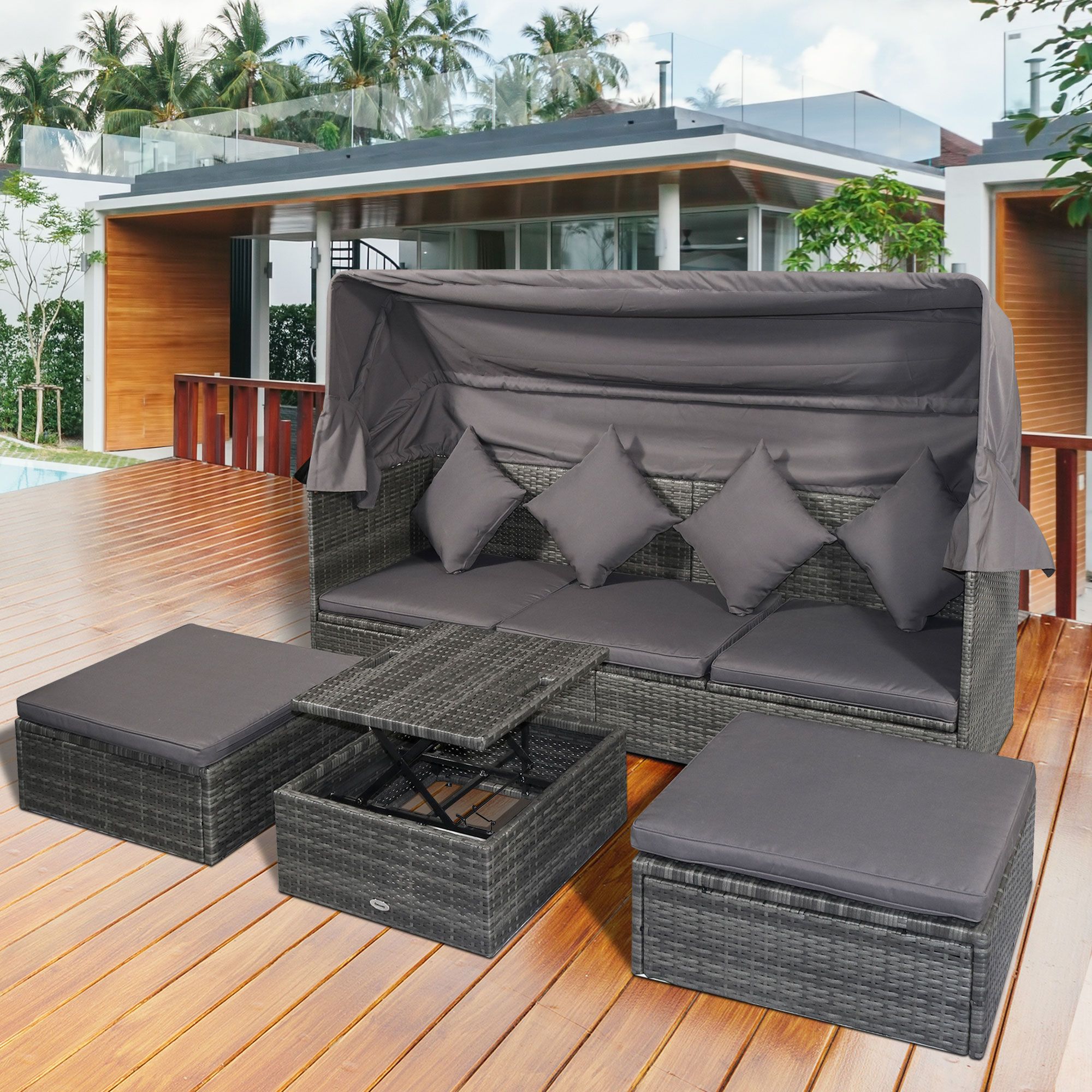 Outsunny 4 Piece Outdoor Rattan Wicker Sofa Set Adjustable Conopy Pertaining To Gray Outdoor Table And Loveseat Sets (View 14 of 15)