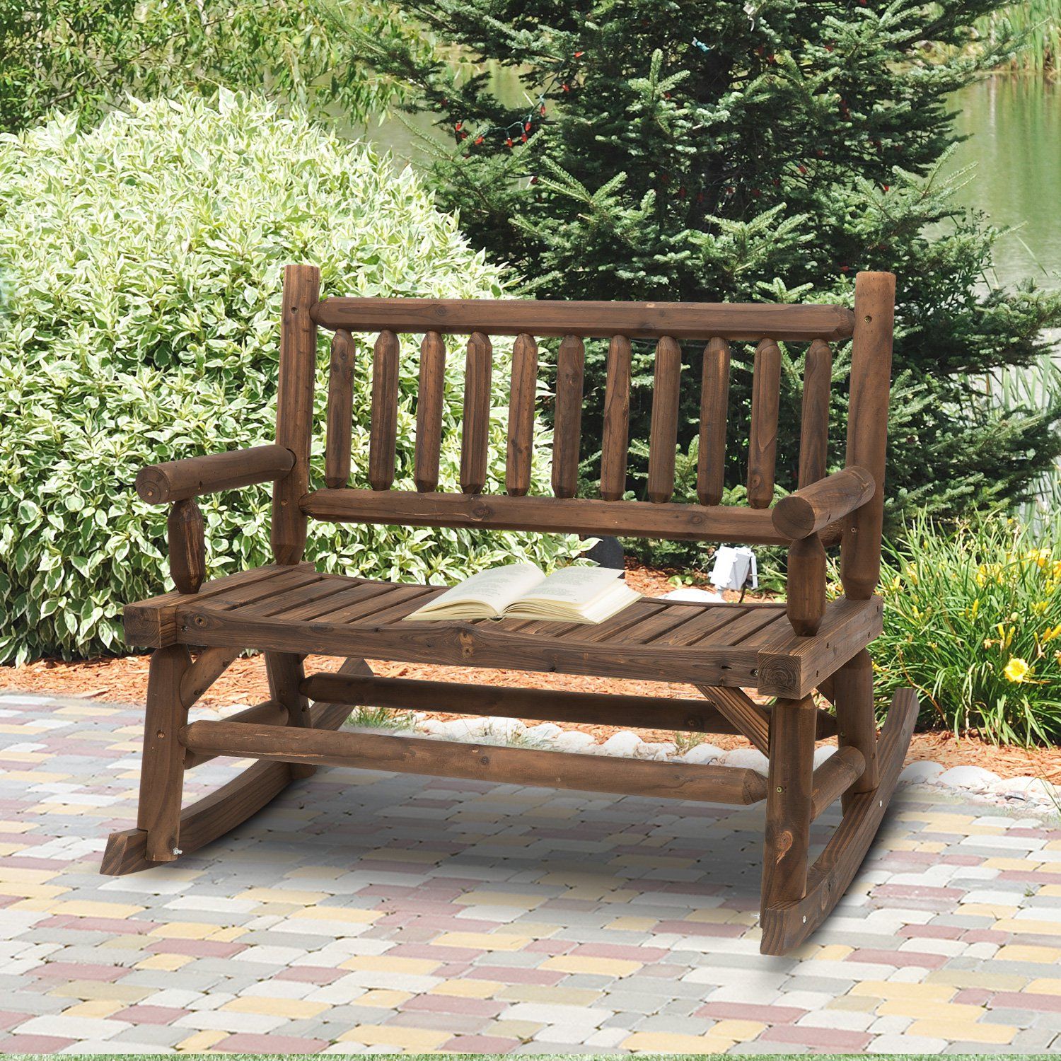 Outsunny Wooden Rocking Chair 2 Person Outdoor Bench With Natural Fir Inside Natural Wood Outdoor Chairs (View 9 of 15)
