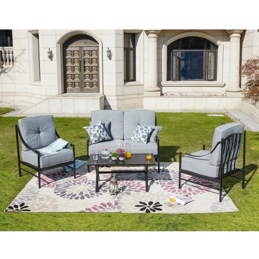 Patio Festival 4 Piece Metal Patio Deep Seating Set With Gray Cushions With Regard To 4 Piece Outdoor Seating Patio Sets (View 11 of 15)