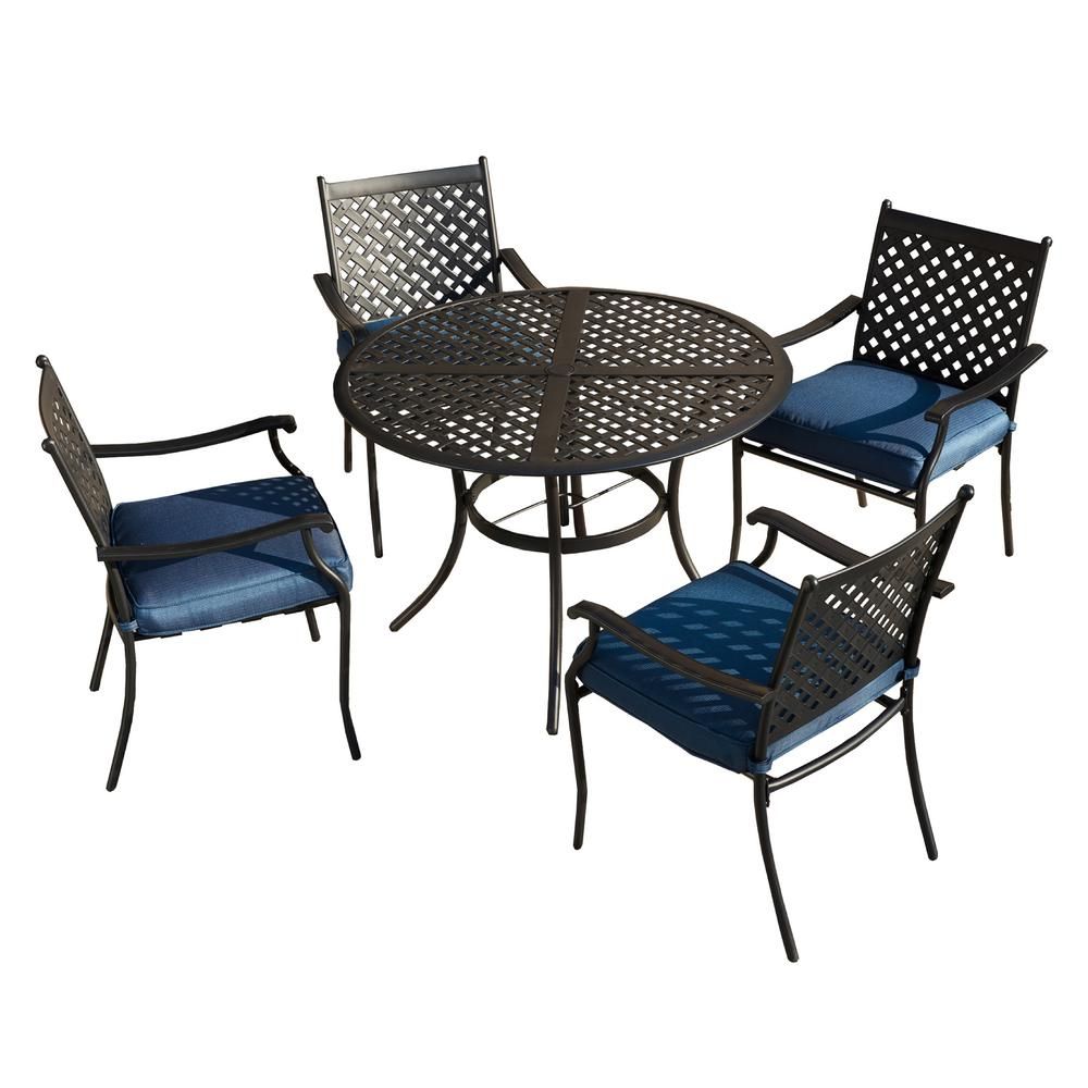 Patio Festival 5 Piece Metal Outdoor Dining Set With Blue Cushions In 5 Piece Outdoor Seating Patio Sets (View 15 of 15)