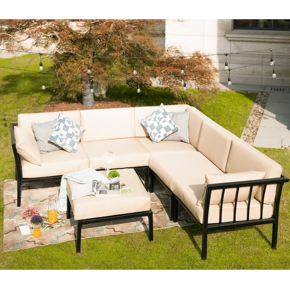 Patio Festival 6 Piece Metal Outdoor Sectional Set With Beige Cushions With 5 Piece 4 Seat Outdoor Patio Sets (View 11 of 15)