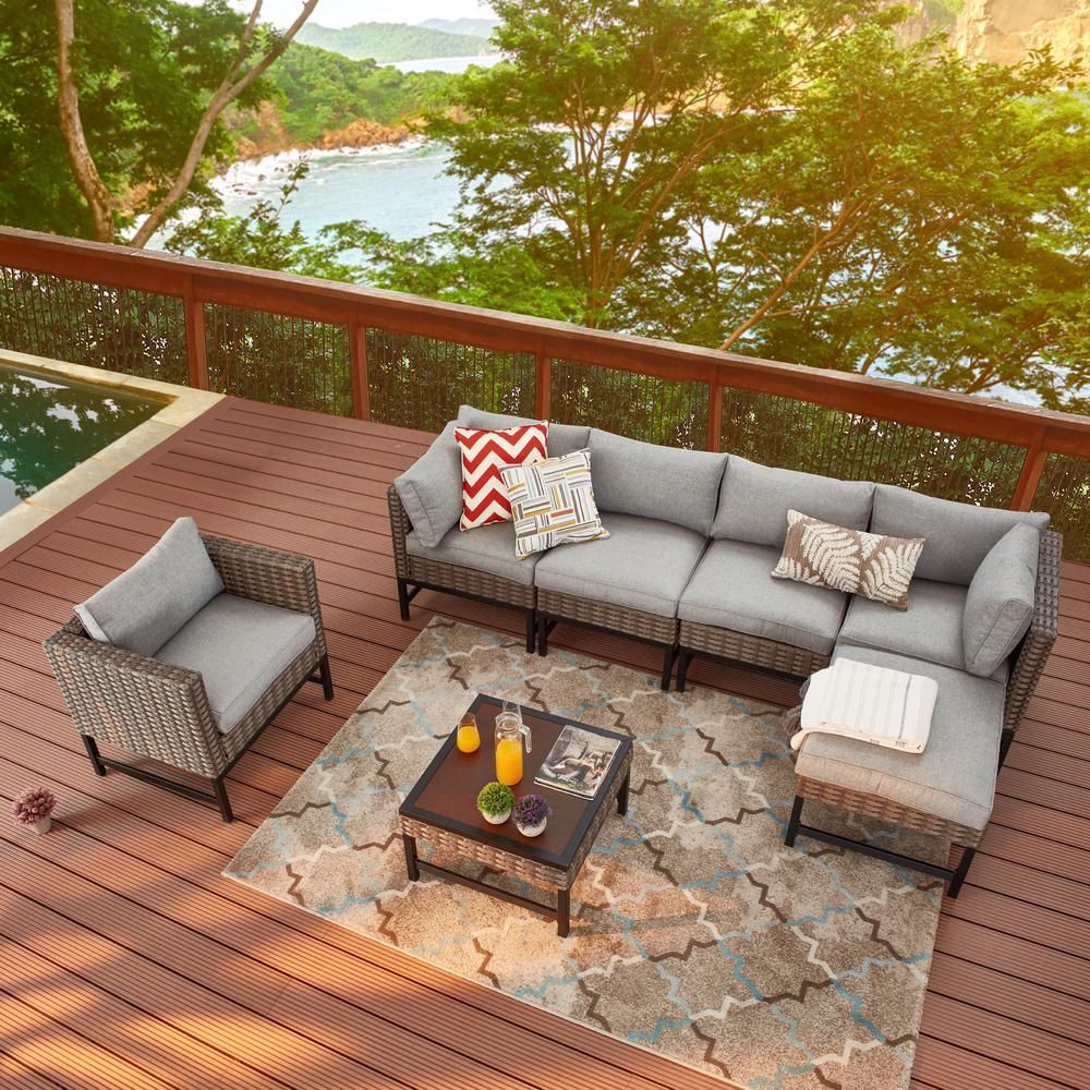 Patio Festival Right Angle 7 Piece Wicker Patio Conversation Seating Within Fabric 5 Piece 4 Seat Outdoor Patio Sets (View 14 of 15)