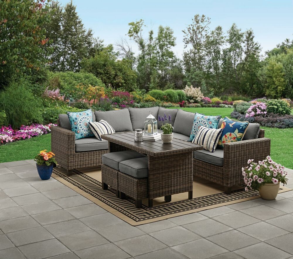 Patio Sectional Set 5Pc Sofa Ottoman Dining Table Balcony Garden Inside Gray All Weather Outdoor Seating Patio Sets (View 3 of 15)