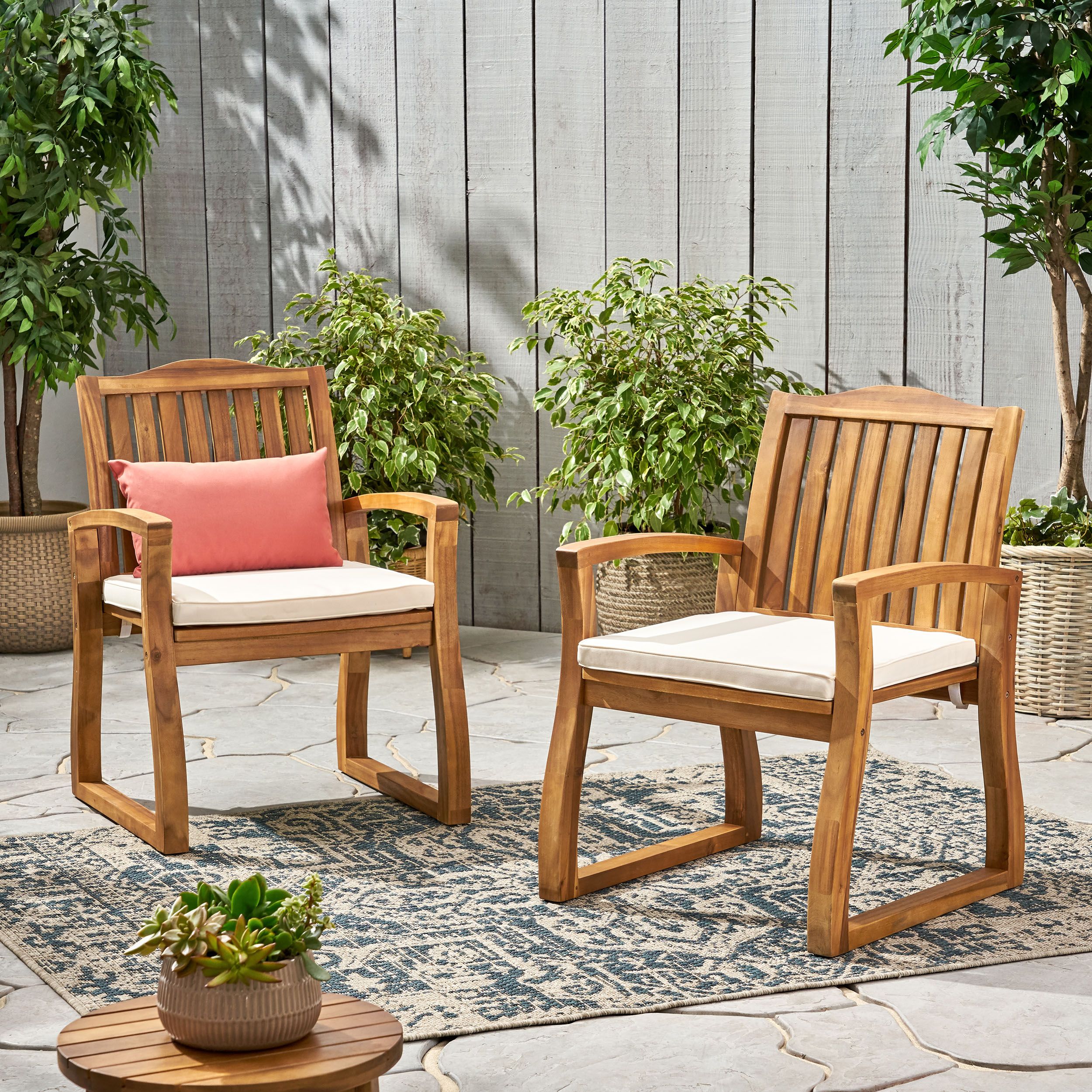 Pearl Outdoor Acacia Wood Dining Chairs, Set Of 2, Teak Finish With Regard To Wood Outdoor Armchair Sets (View 1 of 15)