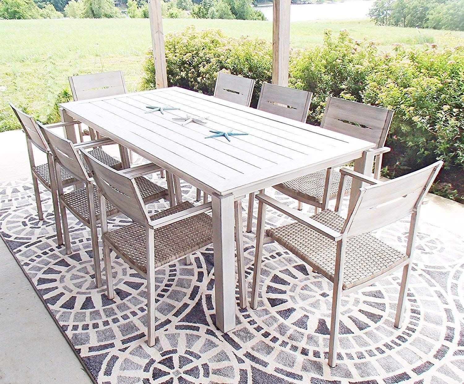 Pebble Lane Living 9Pc Outdoor Aluminum Hand Painted Drift Wood Look In Gray Wicker Extendable Patio Dining Sets (View 9 of 15)