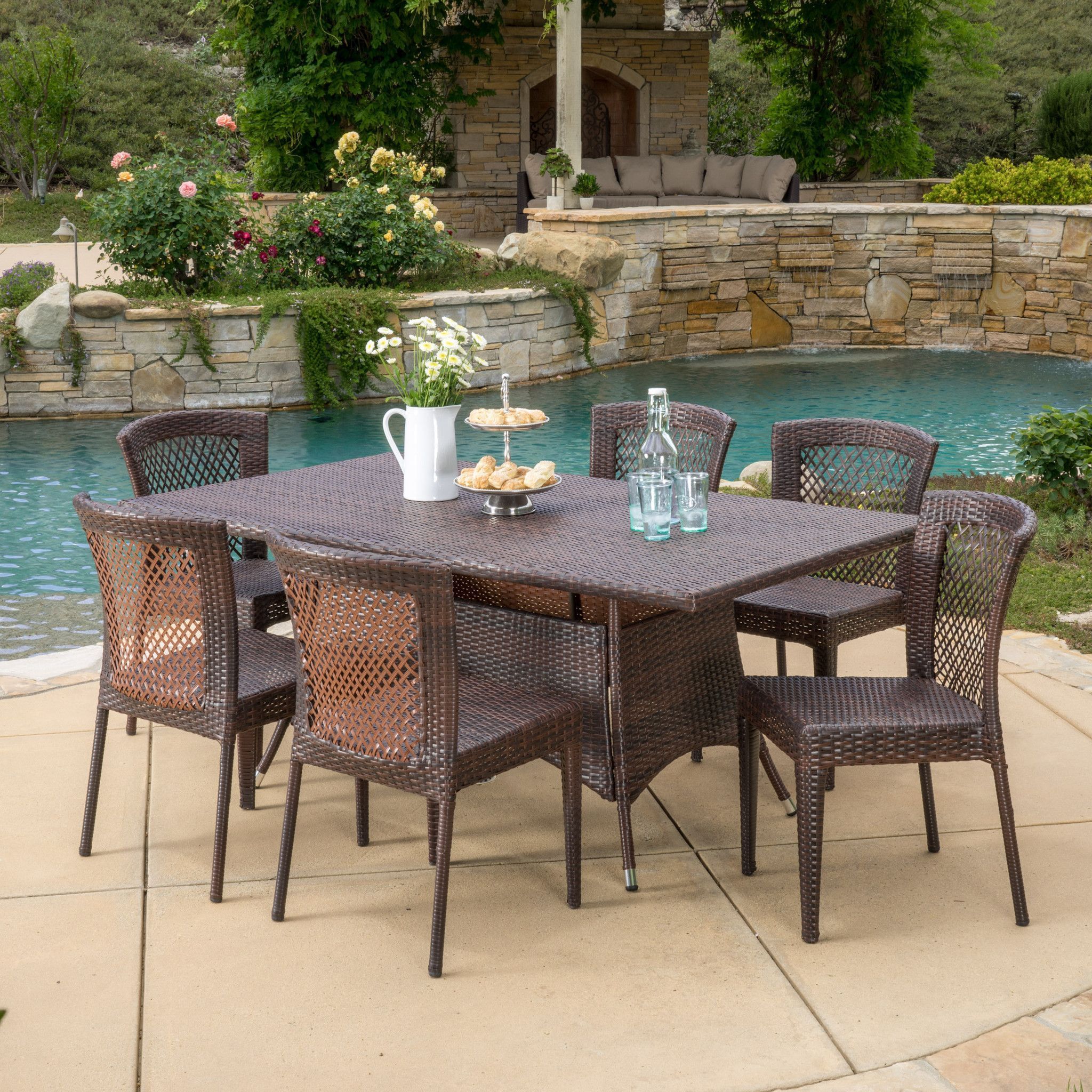 Perry Outdoor 7 Piece Multi Brown Wicker Dining Set With Umbrella Hole Intended For Brown Wicker Rectangular Patio Dining Sets (View 4 of 15)
