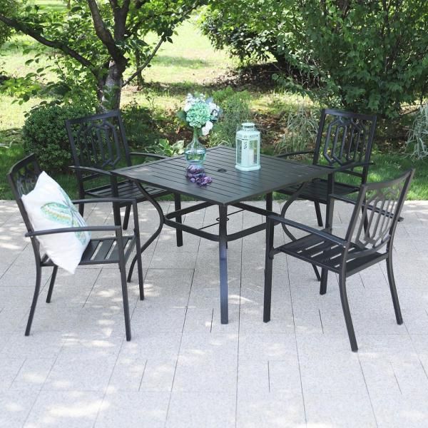 Phi Villa Black 5 Piece Metal Outdoor Patio Dining Set With Slat Square Intended For Black Medium Rectangle Patio Dining Sets (View 7 of 15)