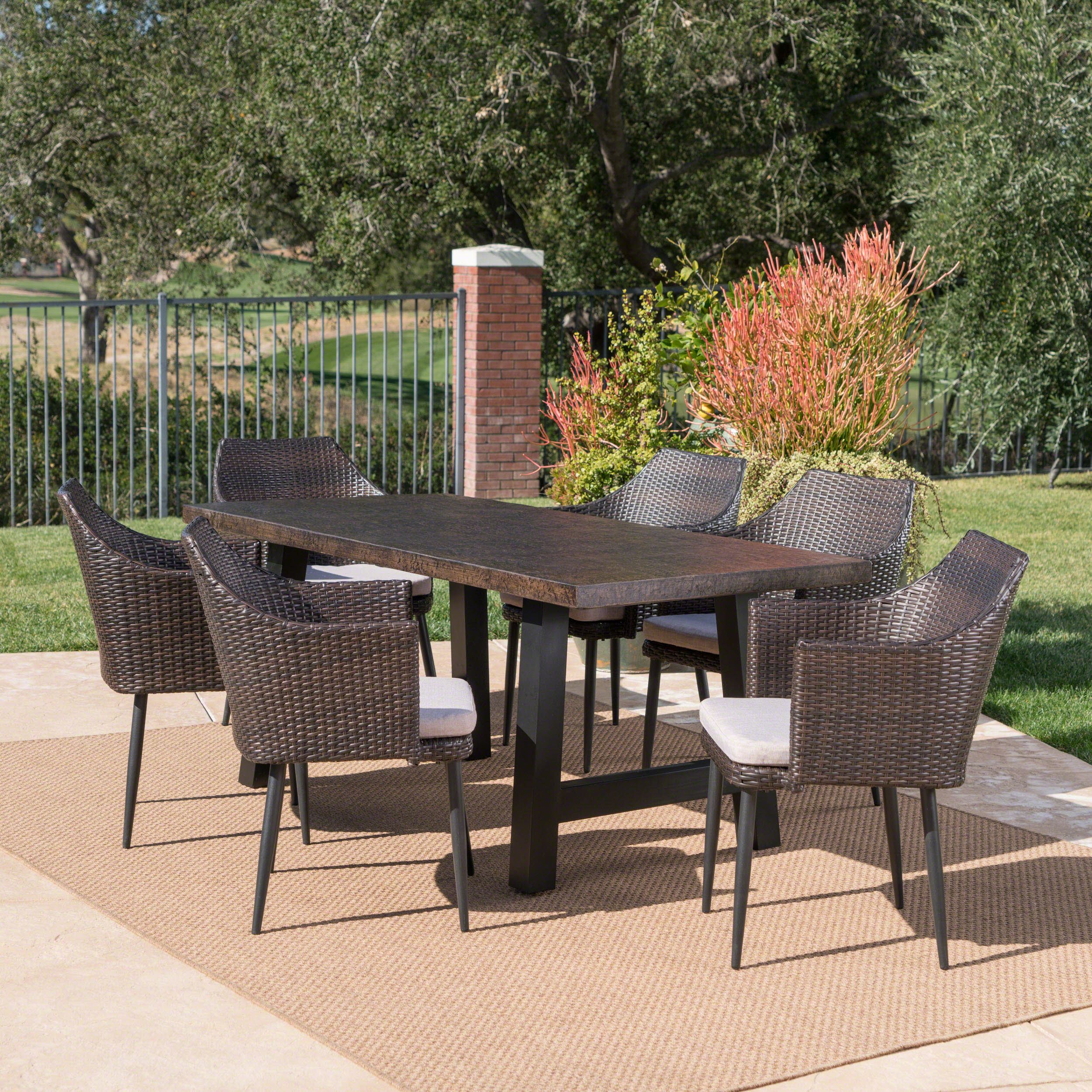 Porter Outdoor 7 Piece Wicker Dining Set With Light Weight Concrete With Rattan Wicker Outdoor Seating Sets (View 9 of 15)