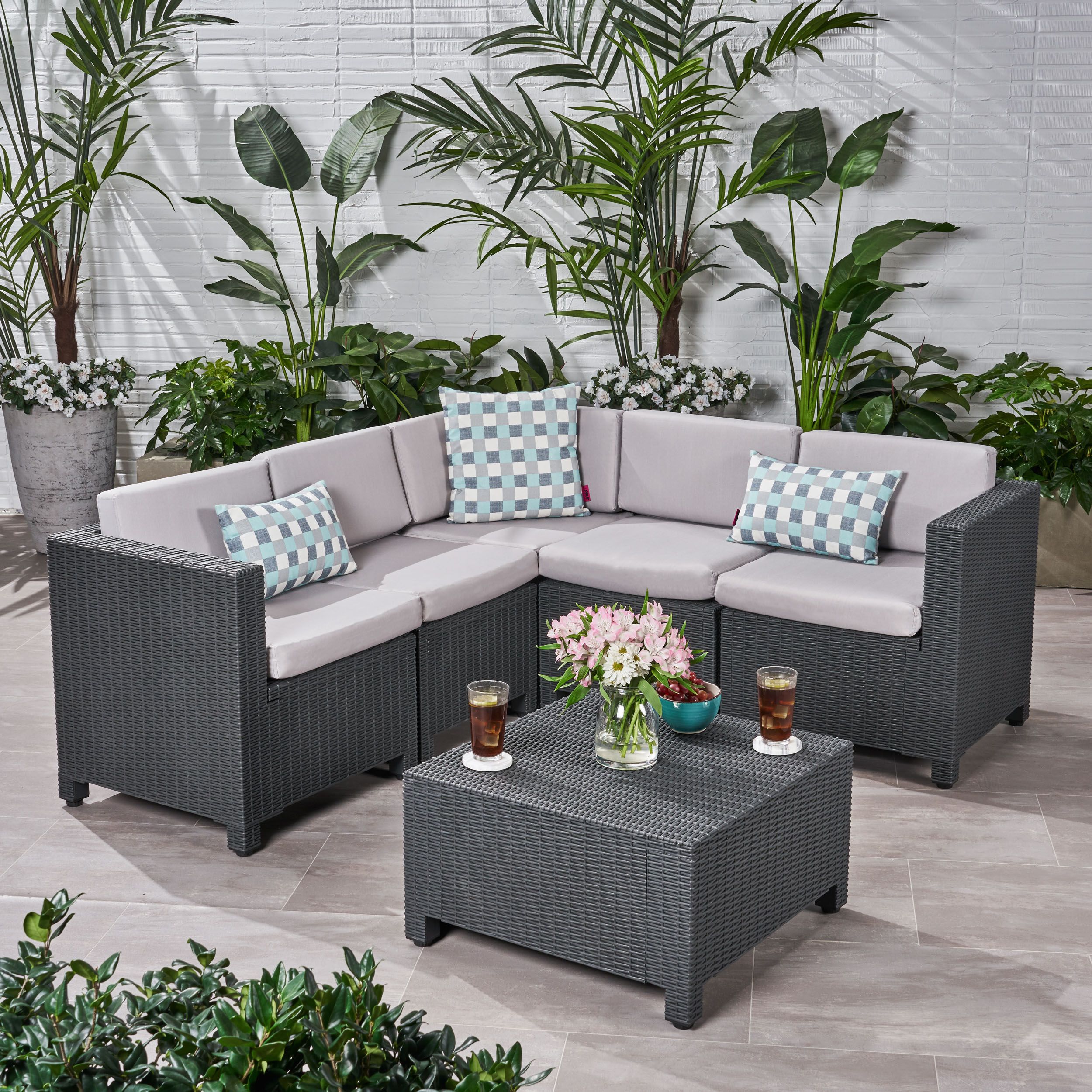Primrose Outdoor All Weather Faux Wicker 5 Seater Sectional Sofa Set For Gray All Weather Outdoor Seating Patio Sets (View 5 of 15)