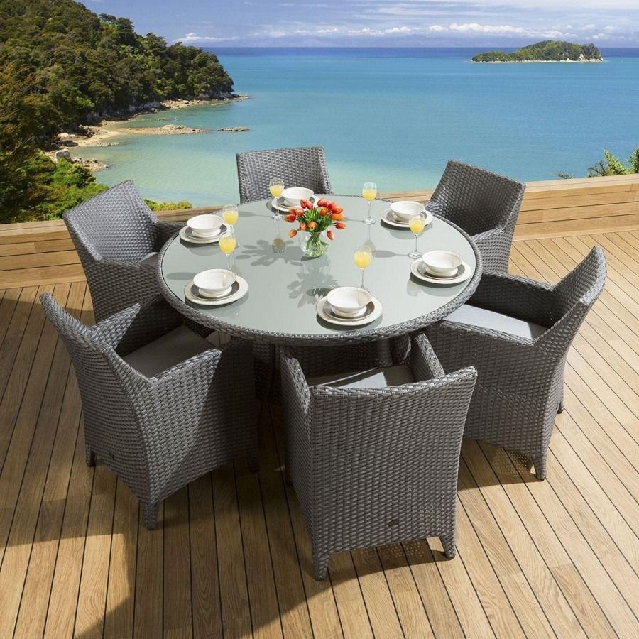 Rattan Garden Dining Set Round Table + 6 Large Carver Chairs Grey New Pertaining To Gray Wicker Round Patio Dining Sets (View 3 of 15)