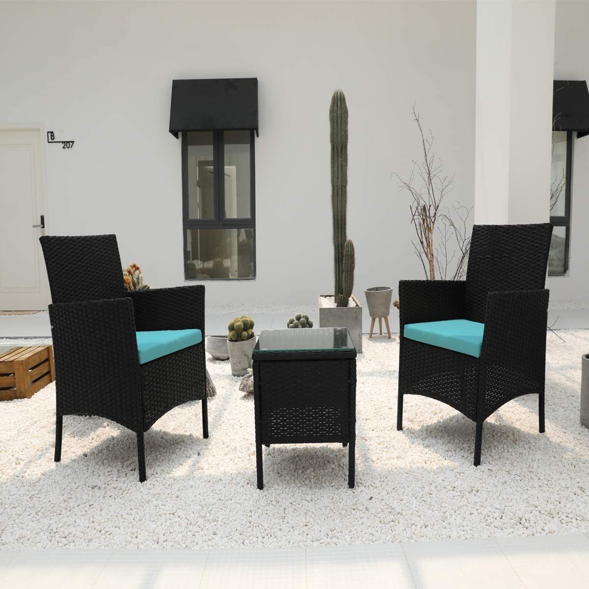 Rattan Patio Indoor/Outdoor Black/Blue Conversation Set – Chairs For Indoor Outdoor Conversation Sets (View 14 of 15)