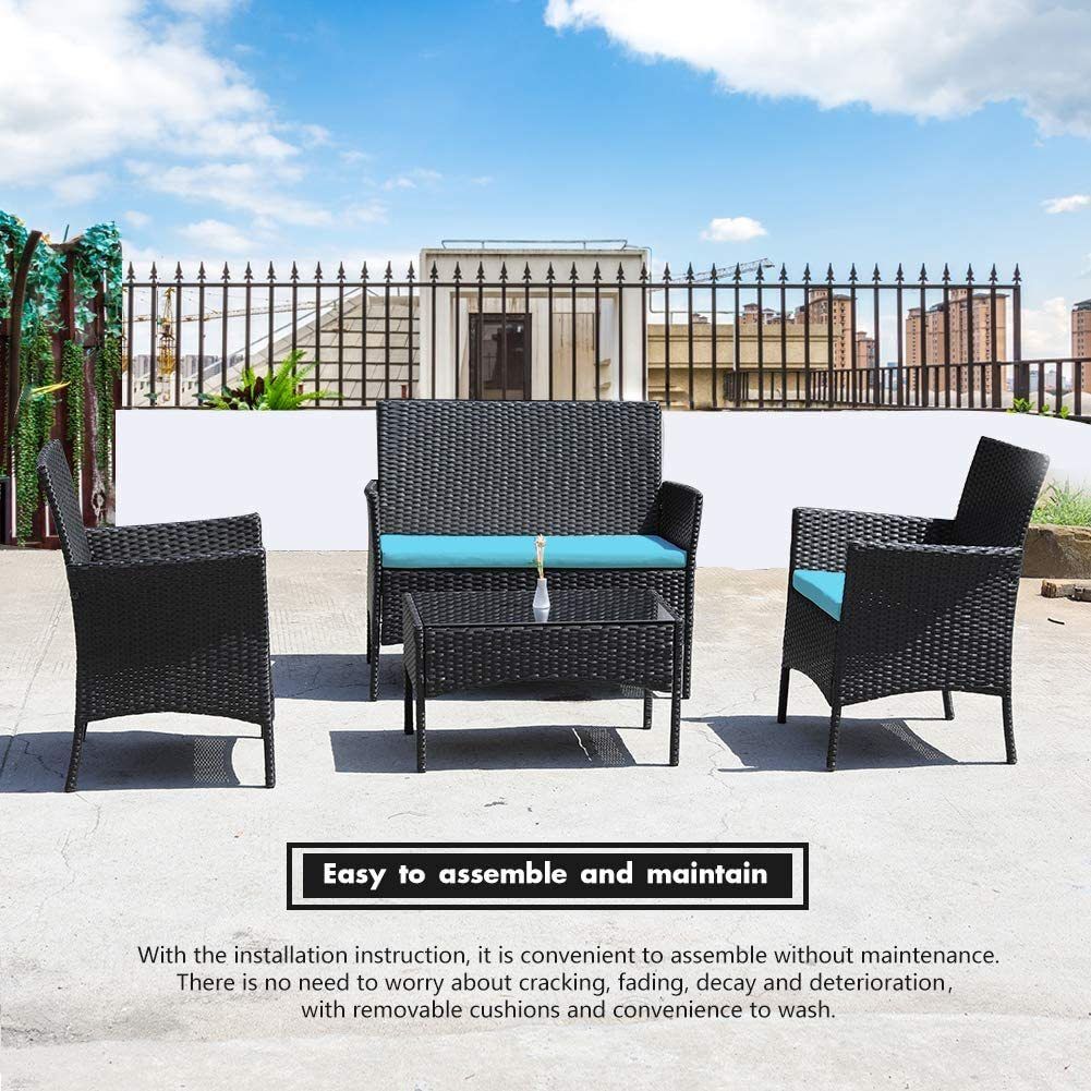 Rattan Patio Indoor/Outdoor Black/Blue Conversation Set – Chairs Regarding Indoor Outdoor Conversation Sets (View 5 of 15)