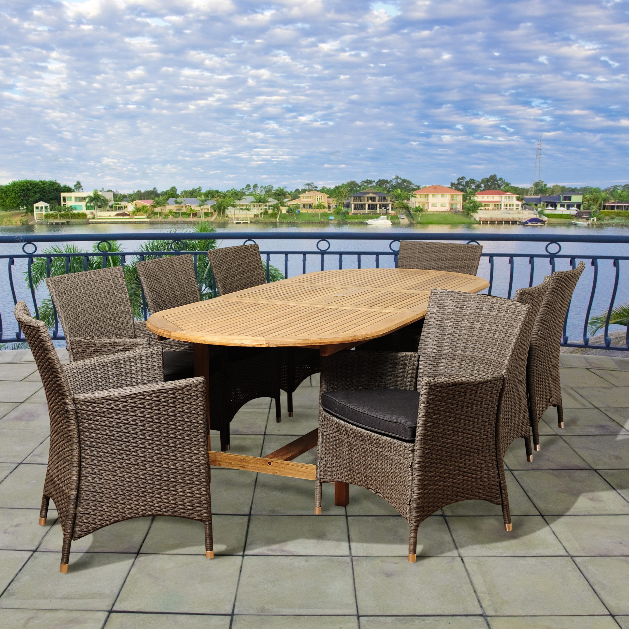 Rayford 9 Piece Teak/Wicker Extendable Oval Dining Set With Grey With Regard To Extendable Patio Dining Set (View 3 of 15)