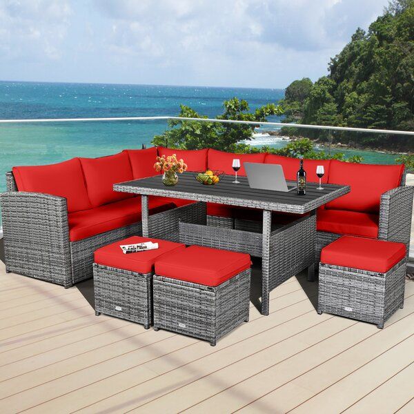 Red Barrel Studio 7Pcs Rattan Patio Sectional Sofa Set Conversation Set For Red Loveseat Outdoor Conversation Sets (View 6 of 15)