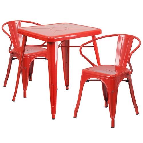 Red Metal Indoor Outdoor Table Set With 2 Arm Chairs With Regard To Red Steel Indoor Outdoor Armchair Sets (View 11 of 15)